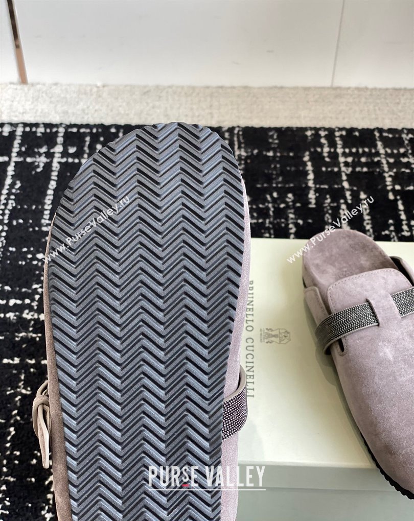 Brunello Cucinelli Monili Suede Buckle Flat Mules Gray 2024 (jincheng-24032714)