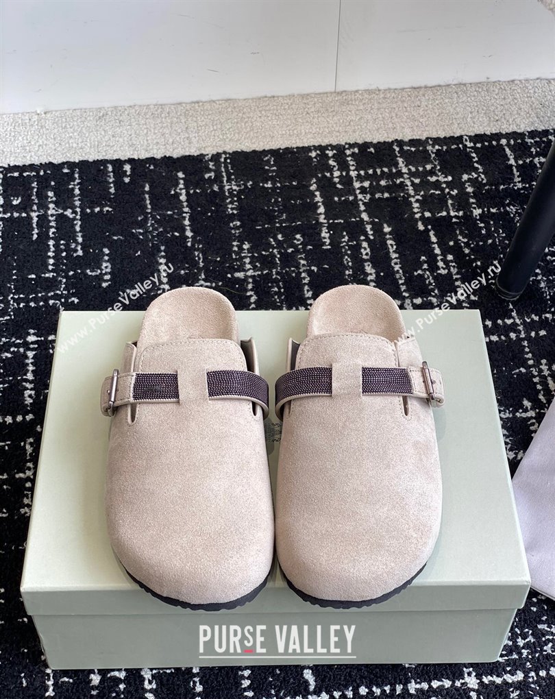 Brunello Cucinelli Monili Suede Buckle Flat Mules Chalk 2024 (jincheng-24032715)