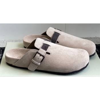 Brunello Cucinelli Monili Suede Buckle Flat Mules Chalk 2024 (jincheng-24032715)