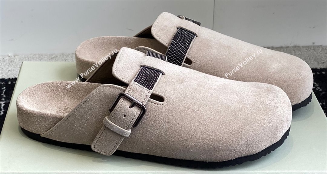 Brunello Cucinelli Monili Suede Buckle Flat Mules Chalk 2024 (jincheng-24032715)