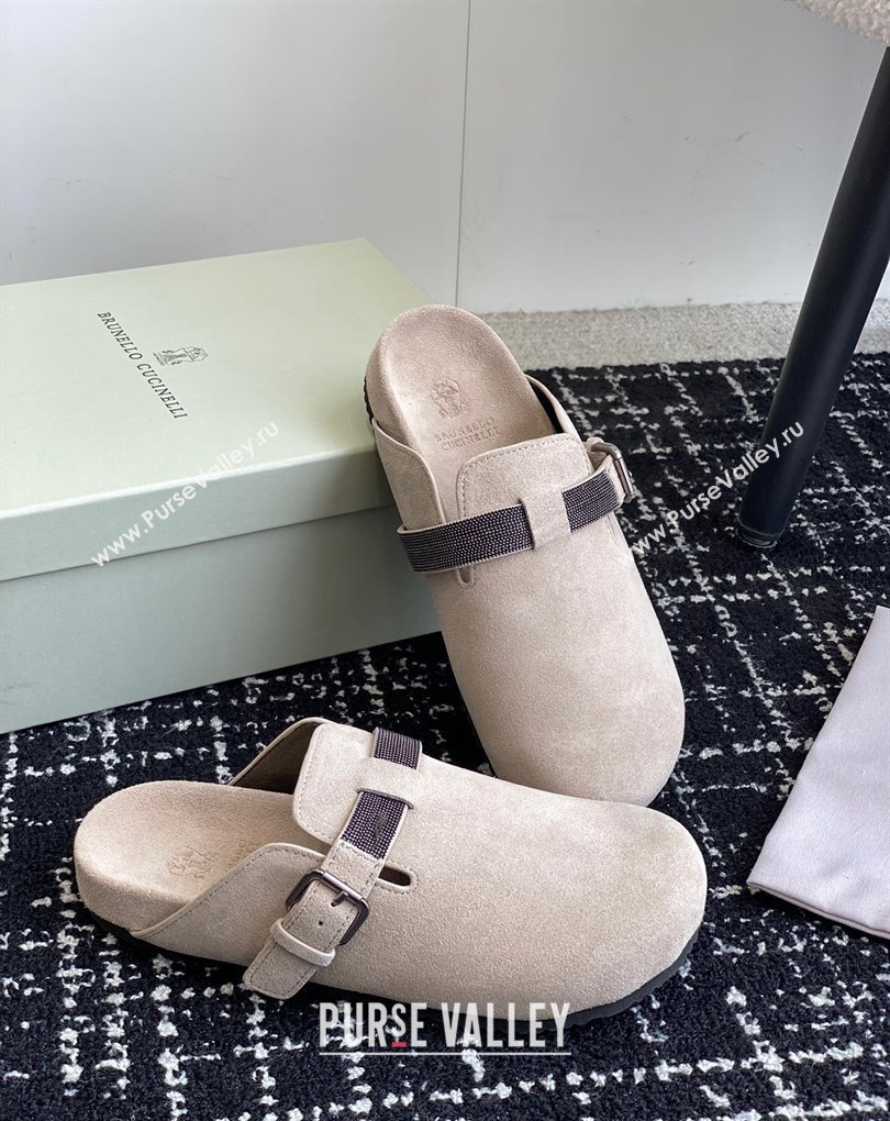 Brunello Cucinelli Monili Suede Buckle Flat Mules Chalk 2024 (jincheng-24032715)