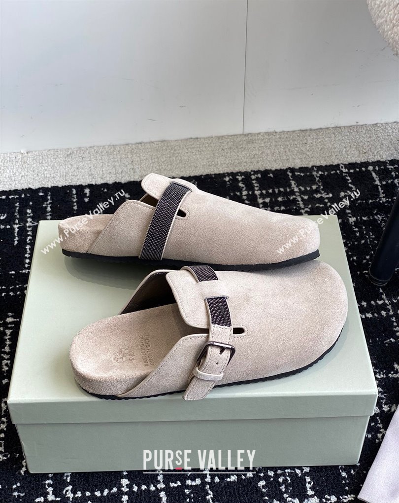 Brunello Cucinelli Monili Suede Buckle Flat Mules Chalk 2024 (jincheng-24032715)