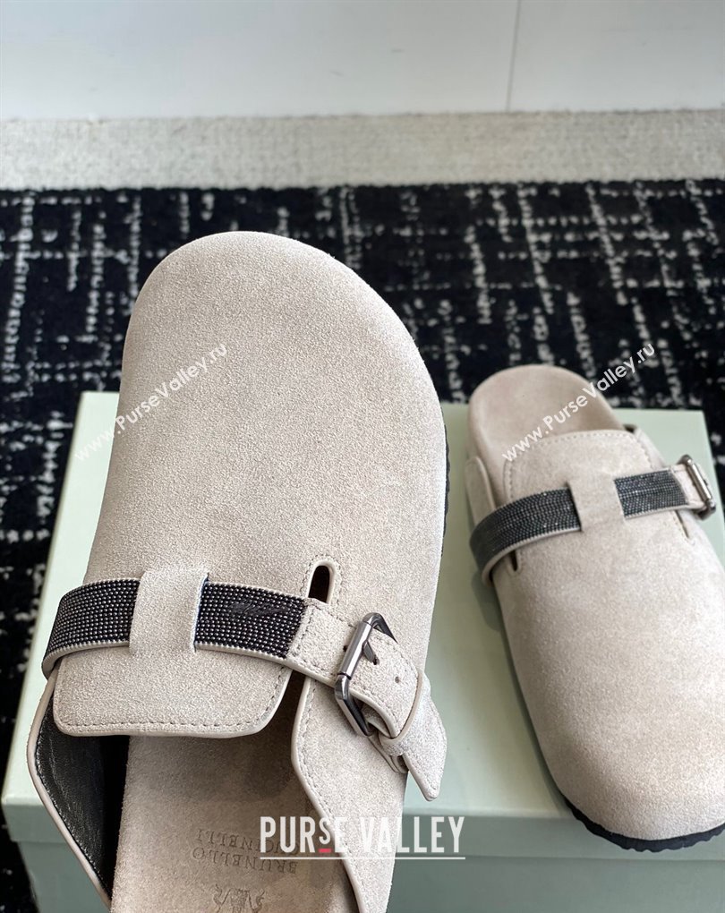 Brunello Cucinelli Monili Suede Buckle Flat Mules Chalk 2024 (jincheng-24032715)