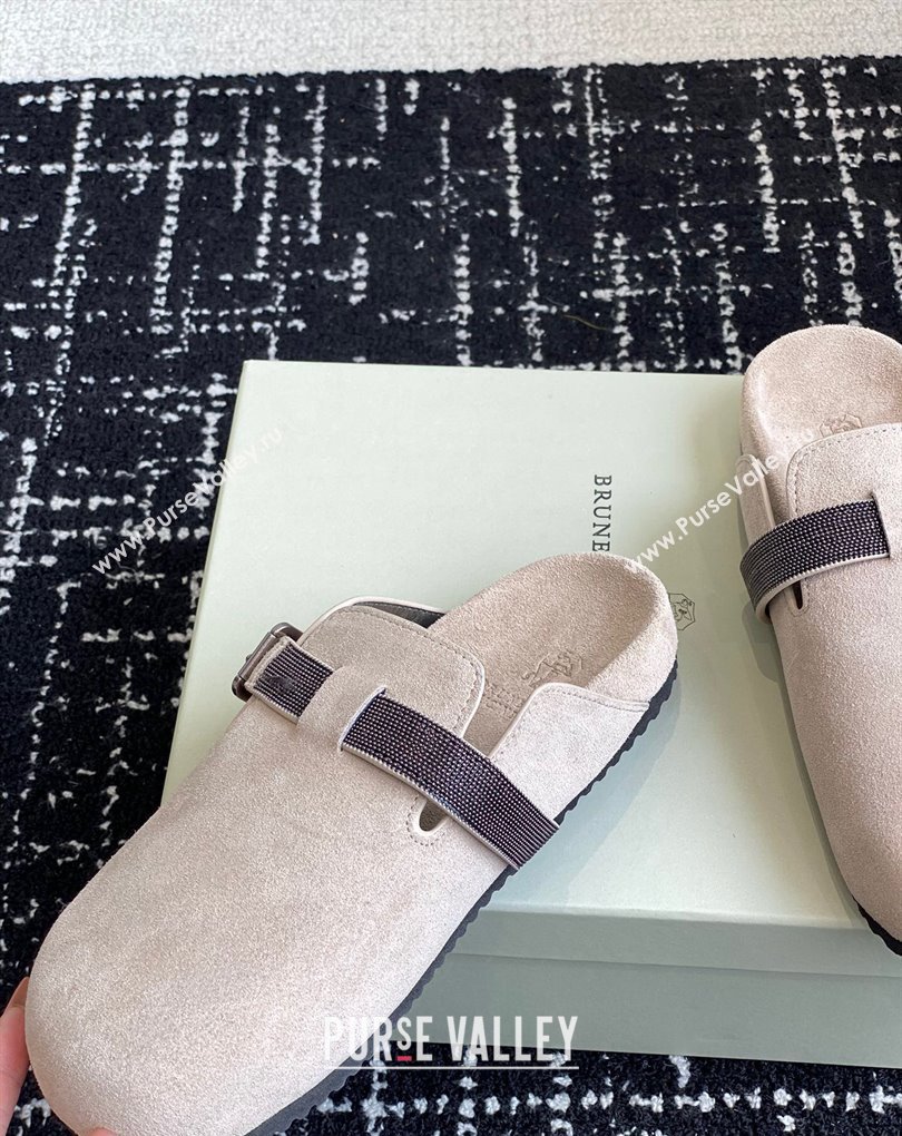 Brunello Cucinelli Monili Suede Buckle Flat Mules Chalk 2024 (jincheng-24032715)