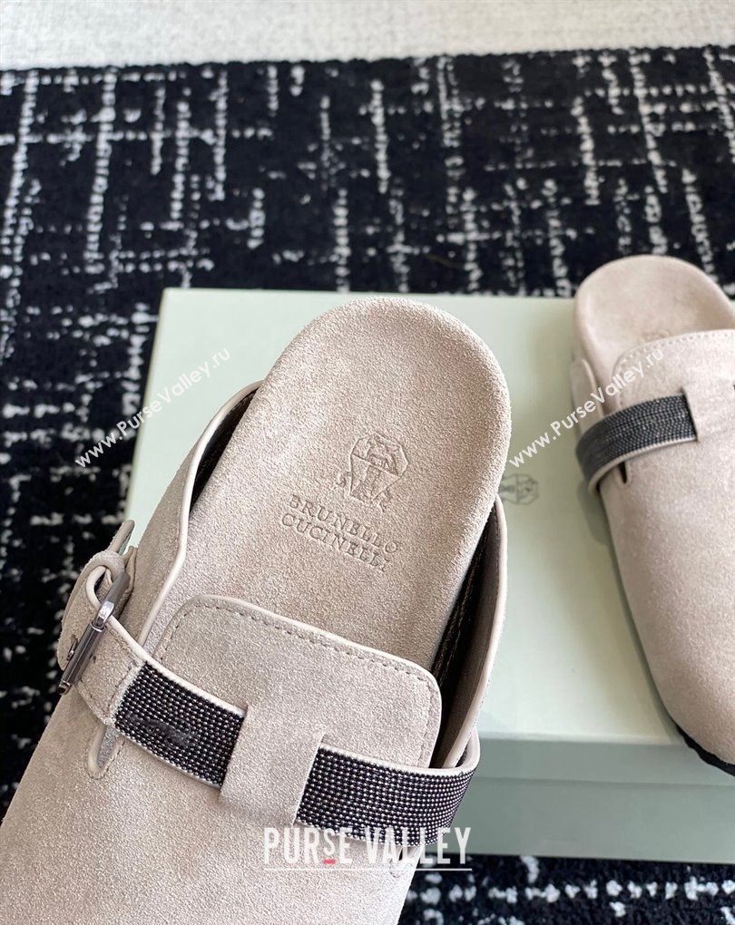 Brunello Cucinelli Monili Suede Buckle Flat Mules Chalk 2024 (jincheng-24032715)