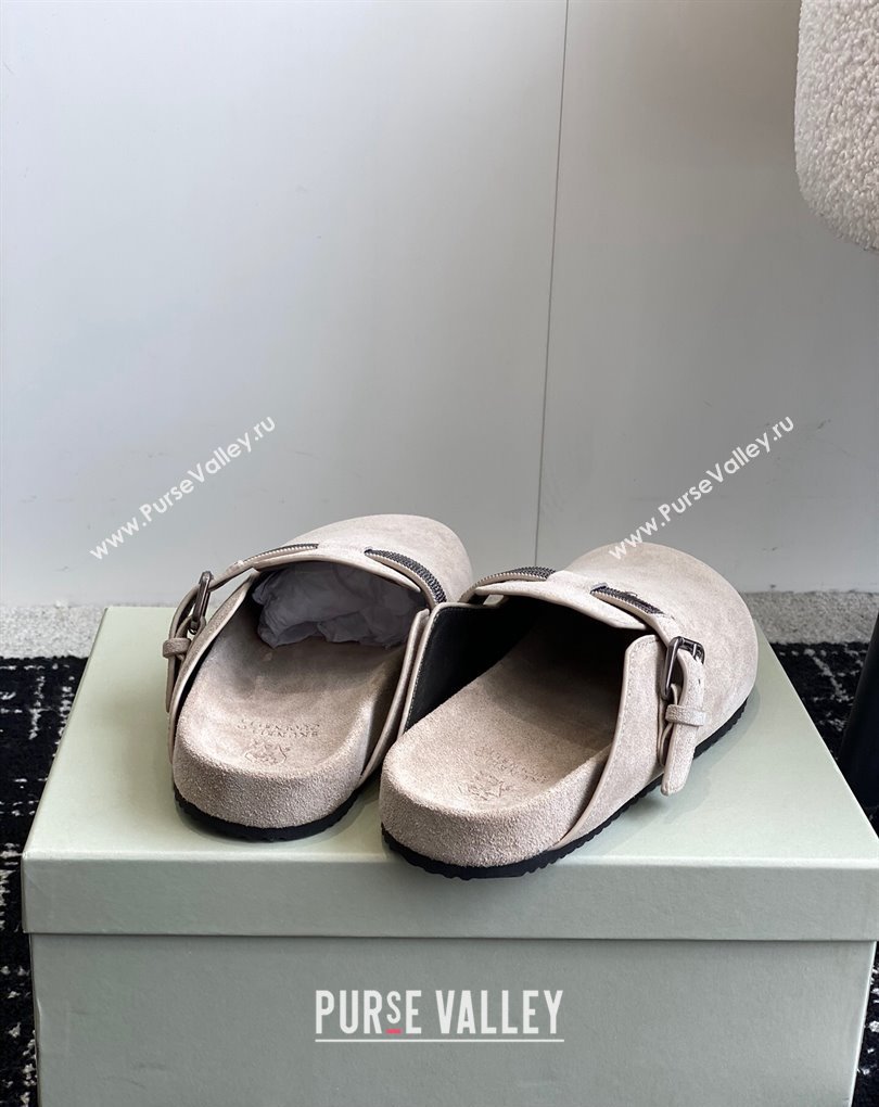 Brunello Cucinelli Monili Suede Buckle Flat Mules Chalk 2024 (jincheng-24032715)