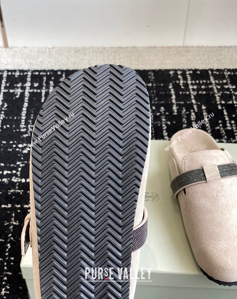 Brunello Cucinelli Monili Suede Buckle Flat Mules Chalk 2024 (jincheng-24032715)