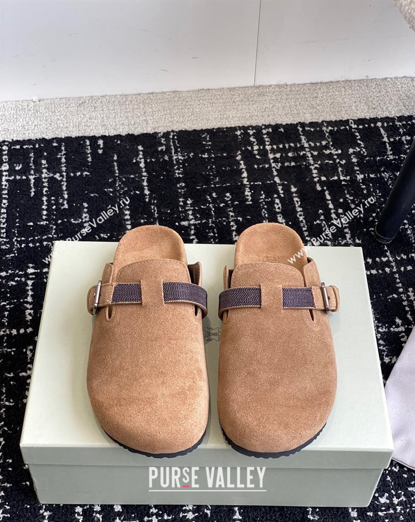 Brunello Cucinelli Monili Suede Buckle Flat Mules Brown 2024 (jincheng-24032716)