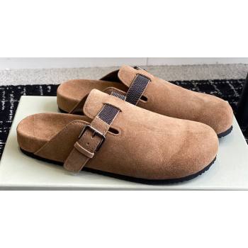 Brunello Cucinelli Monili Suede Buckle Flat Mules Brown 2024 (jincheng-24032716)