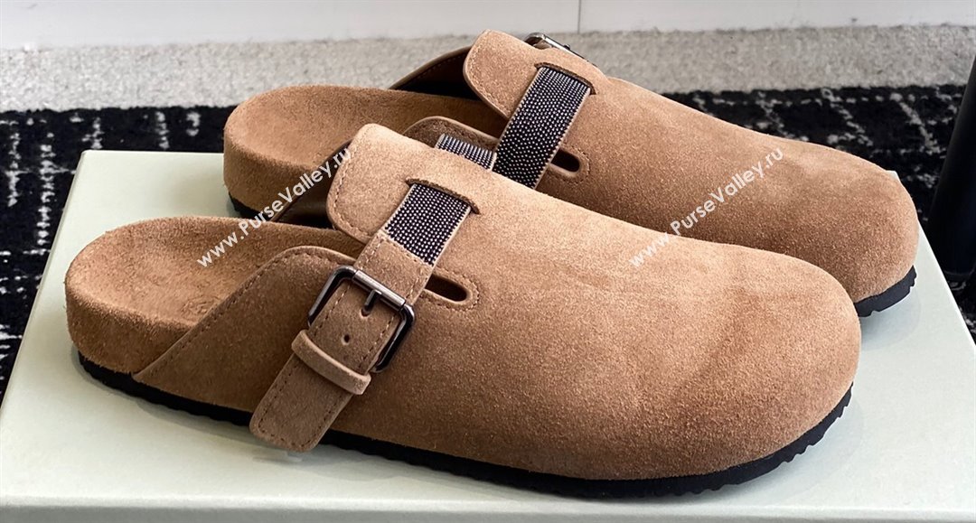 Brunello Cucinelli Monili Suede Buckle Flat Mules Brown 2024 (jincheng-24032716)