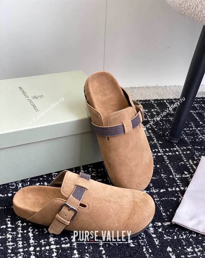 Brunello Cucinelli Monili Suede Buckle Flat Mules Brown 2024 (jincheng-24032716)