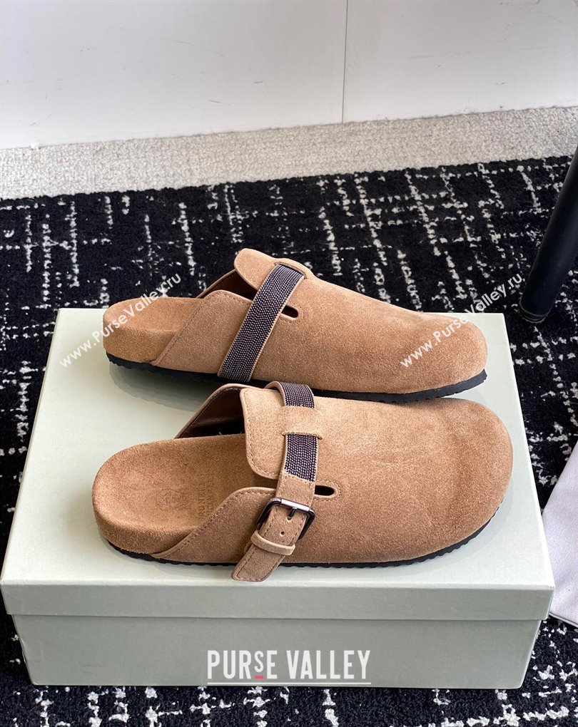 Brunello Cucinelli Monili Suede Buckle Flat Mules Brown 2024 (jincheng-24032716)