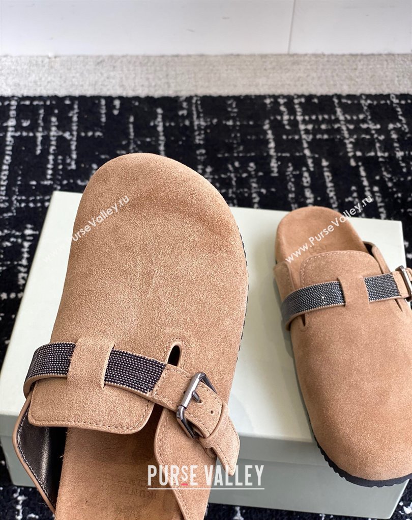 Brunello Cucinelli Monili Suede Buckle Flat Mules Brown 2024 (jincheng-24032716)