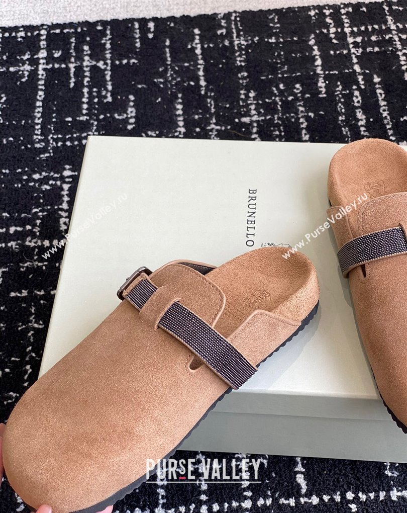 Brunello Cucinelli Monili Suede Buckle Flat Mules Brown 2024 (jincheng-24032716)
