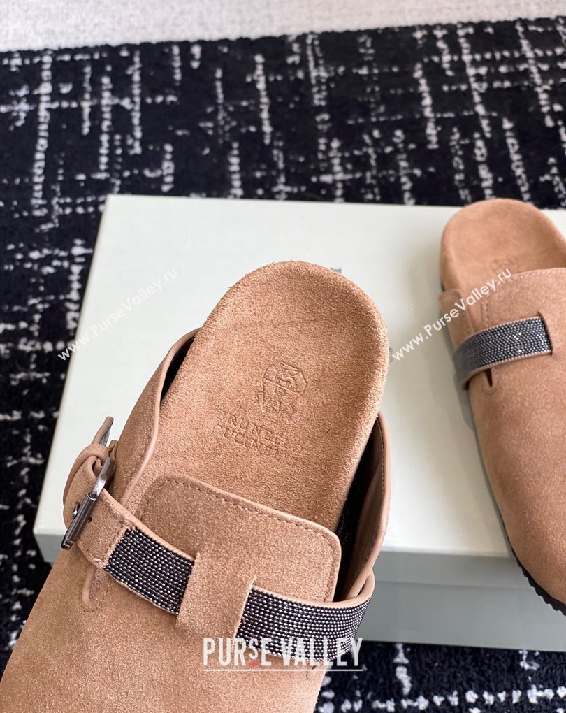 Brunello Cucinelli Monili Suede Buckle Flat Mules Brown 2024 (jincheng-24032716)