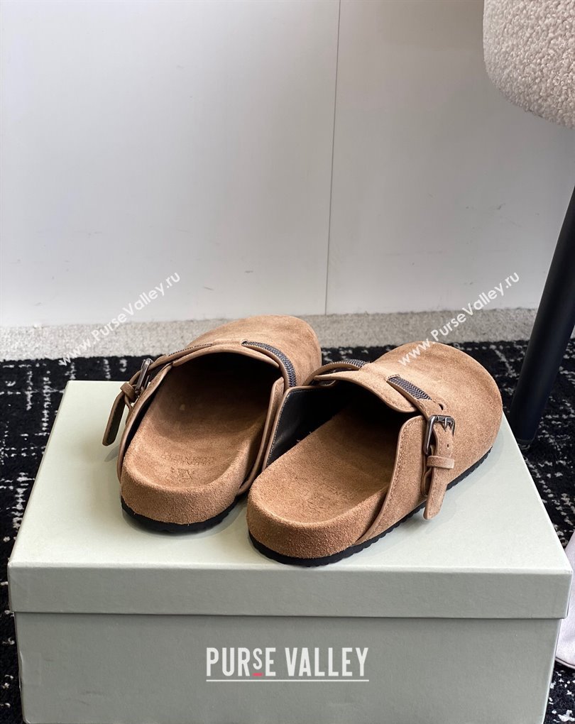 Brunello Cucinelli Monili Suede Buckle Flat Mules Brown 2024 (jincheng-24032716)