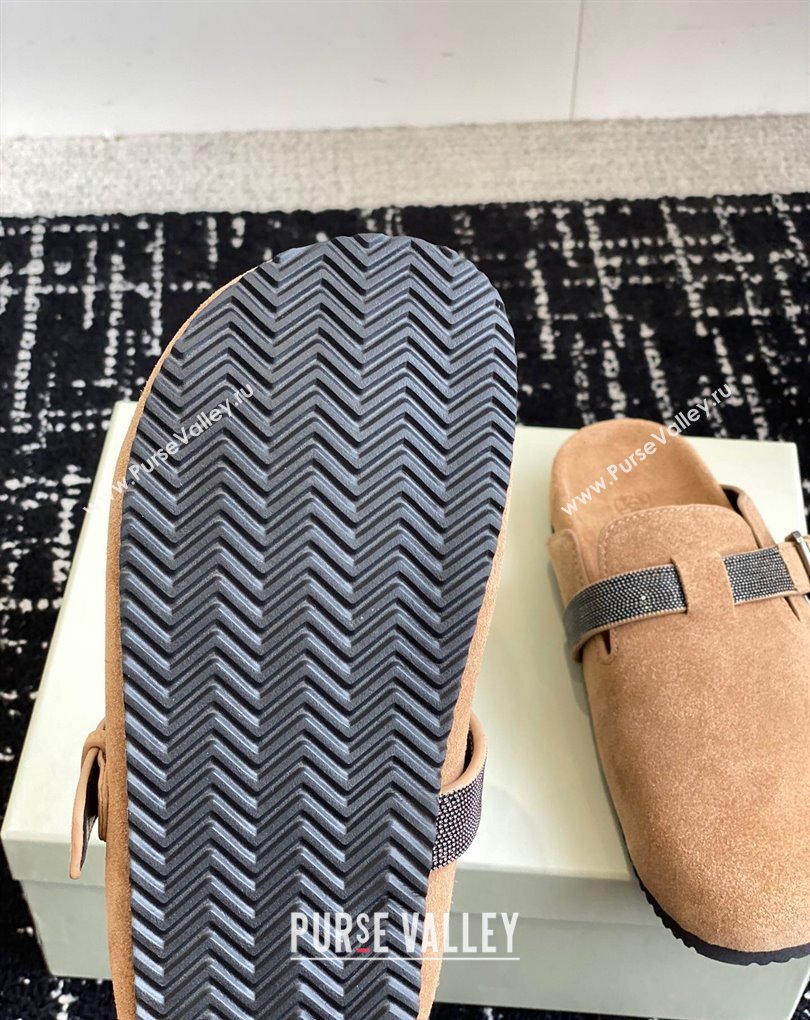 Brunello Cucinelli Monili Suede Buckle Flat Mules Brown 2024 (jincheng-24032716)