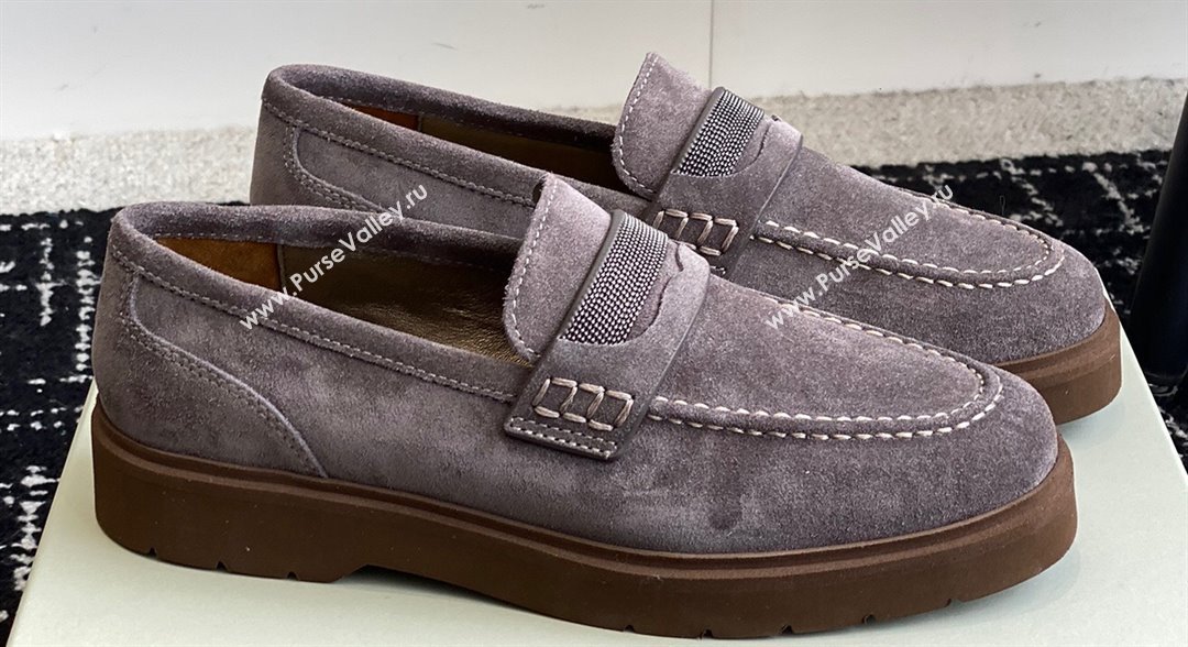 Brunello Cucinelli Suede penny loafers Gray with monili 2024 (jincheng-24032711)