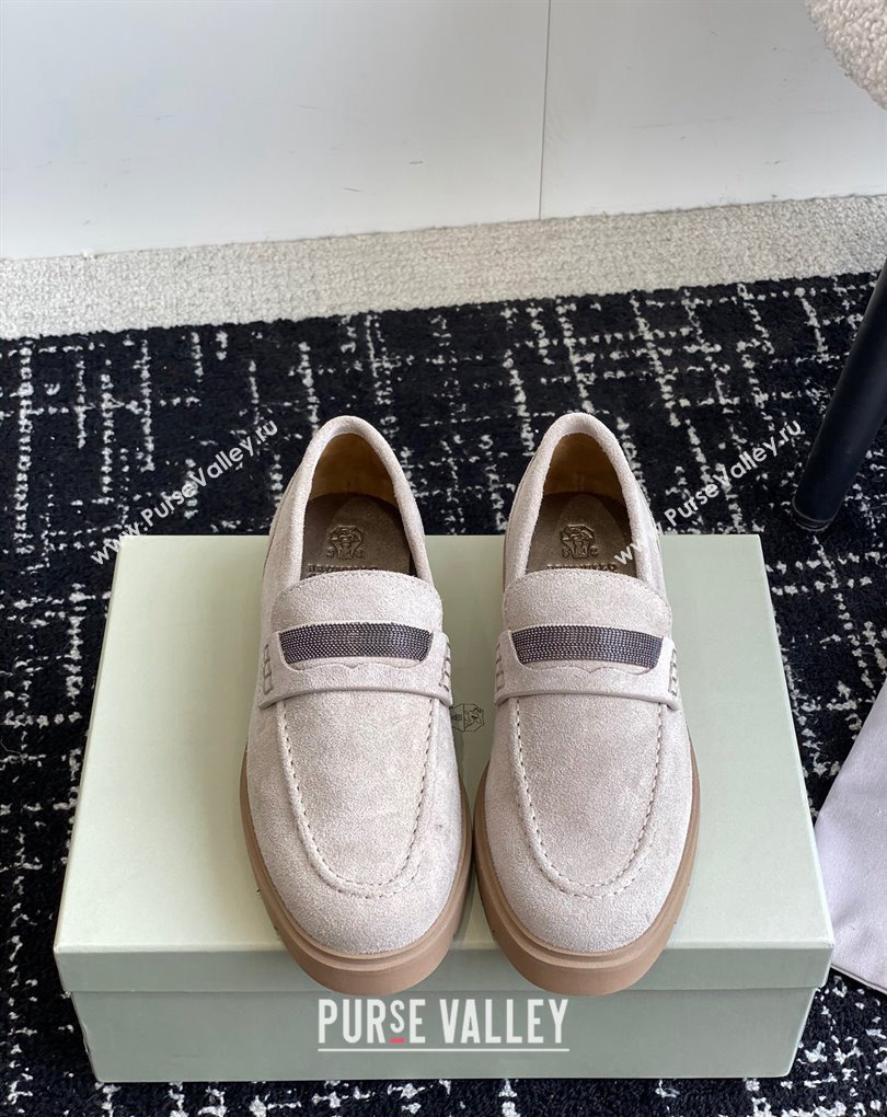 Brunello Cucinelli Suede penny loafers Chalk with monili 2024 (jincheng-24032712)