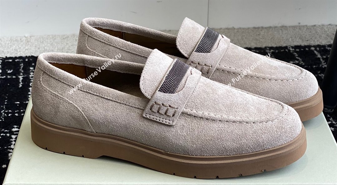 Brunello Cucinelli Suede penny loafers Chalk with monili 2024 (jincheng-24032712)
