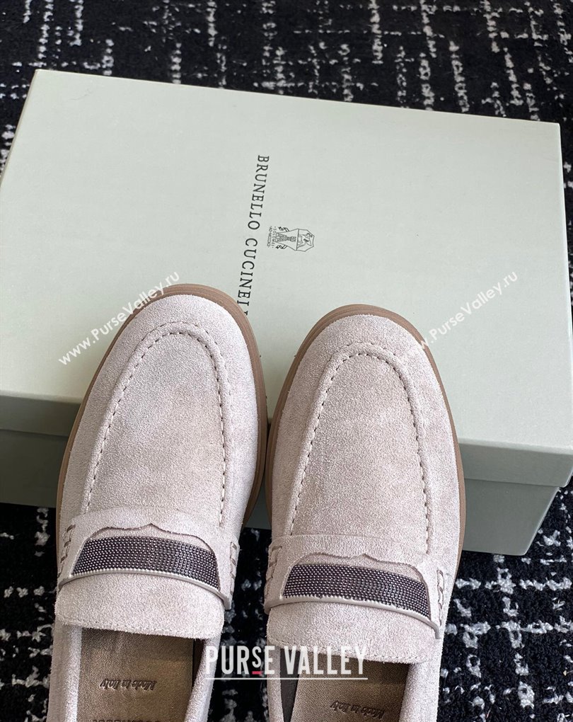 Brunello Cucinelli Suede penny loafers Chalk with monili 2024 (jincheng-24032712)