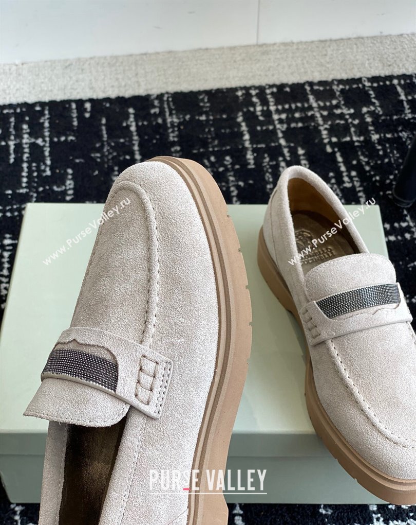 Brunello Cucinelli Suede penny loafers Chalk with monili 2024 (jincheng-24032712)