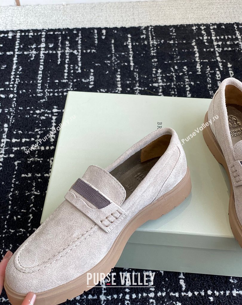 Brunello Cucinelli Suede penny loafers Chalk with monili 2024 (jincheng-24032712)
