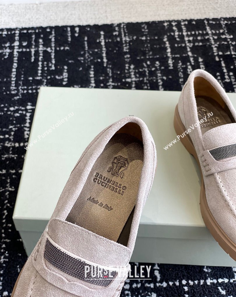Brunello Cucinelli Suede penny loafers Chalk with monili 2024 (jincheng-24032712)