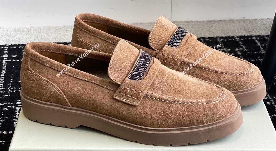Brunello Cucinelli Suede penny loafers Brown with monili 2024 (jincheng-24032713)