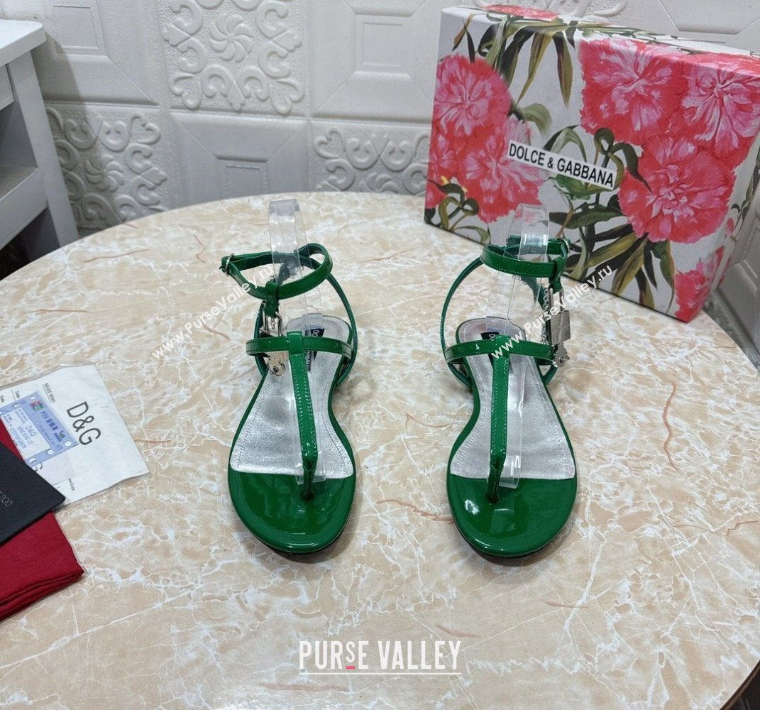 Dolce Gabbana Patent leather Flat Thong sandals Green with chain and charm 2024 (modeng-24032927)