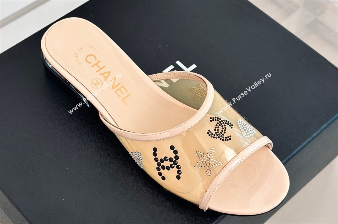 Chanel Crystal Logo Star and Heart PVC Mules Beige 2024 (modeng-24032952)