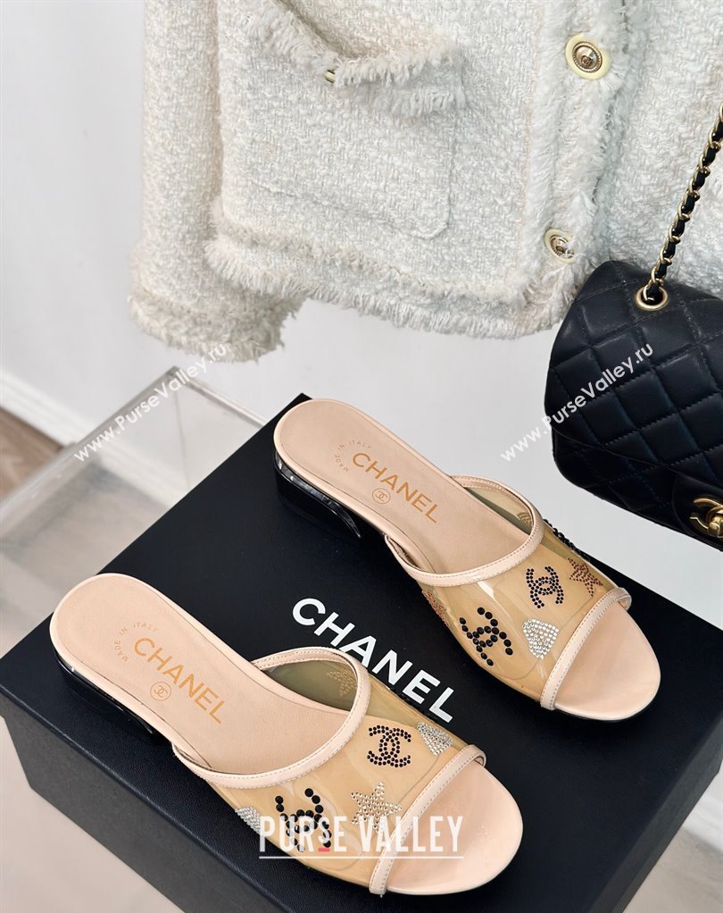 Chanel Crystal Logo Star and Heart PVC Mules Beige 2024 (modeng-24032952)