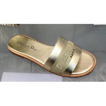 Dior Dway Slides in Gold Calfskin and Embroidered Cotton 2024 (modeng-24033015)