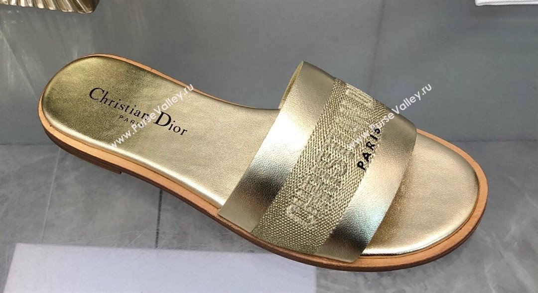 Dior Dway Slides in Gold Calfskin and Embroidered Cotton 2024 (modeng-24033015)