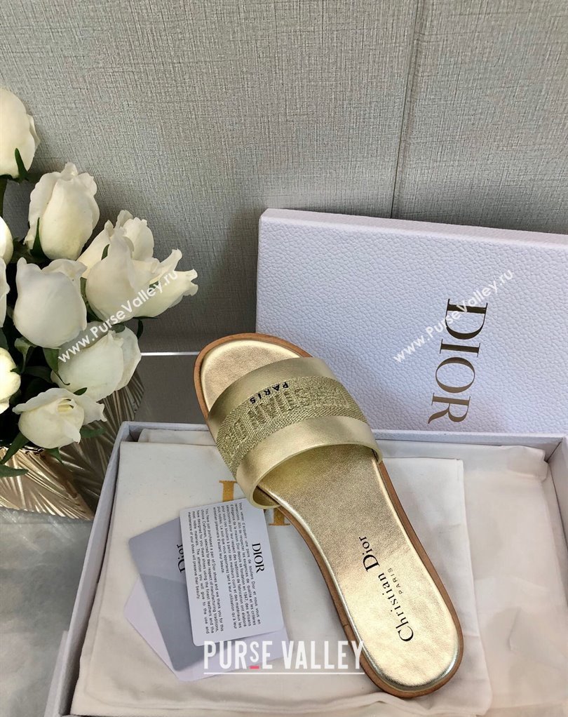 Dior Dway Slides in Gold Calfskin and Embroidered Cotton 2024 (modeng-24033015)