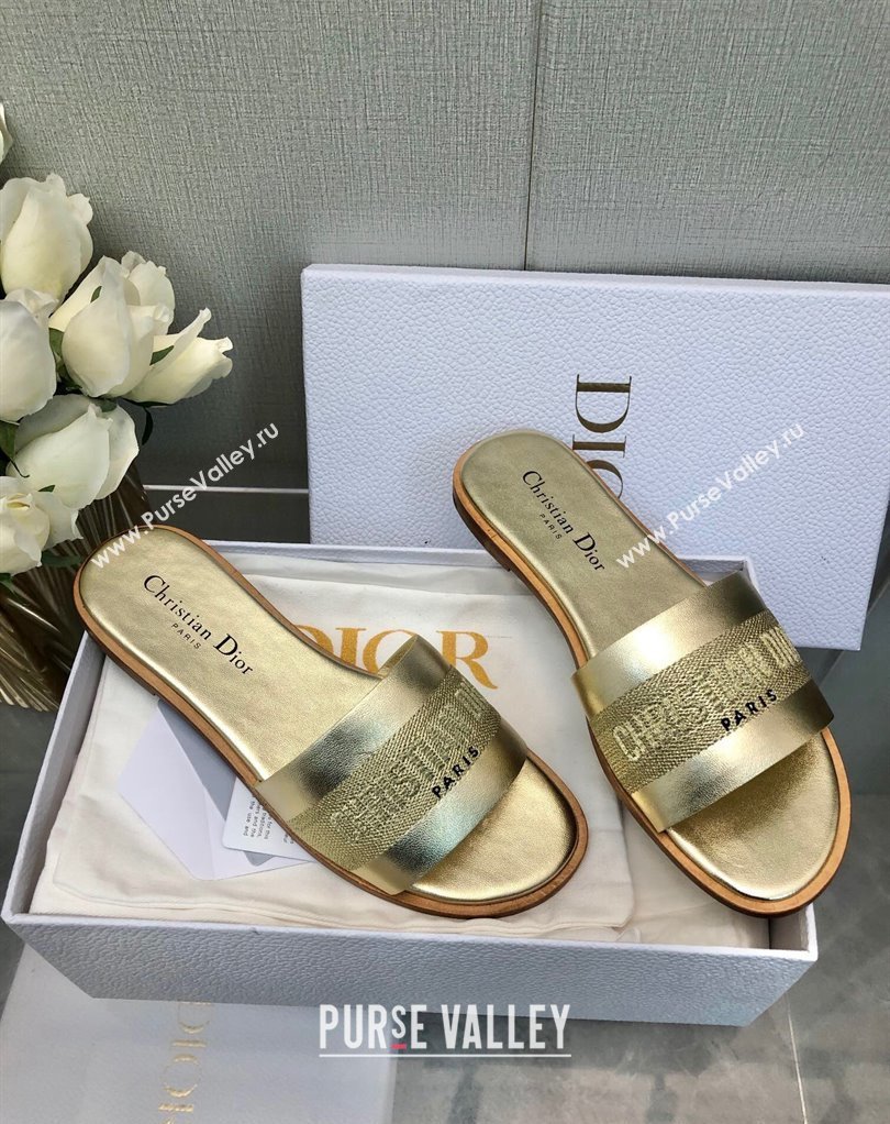 Dior Dway Slides in Gold Calfskin and Embroidered Cotton 2024 (modeng-24033015)