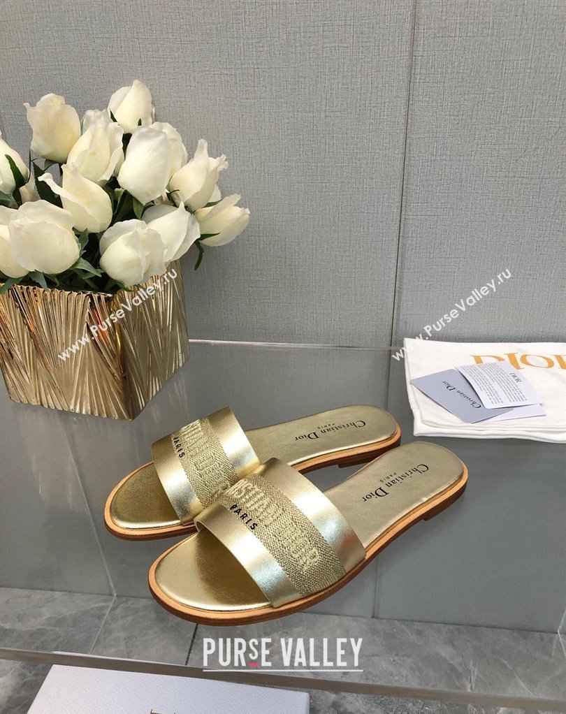 Dior Dway Slides in Gold Calfskin and Embroidered Cotton 2024 (modeng-24033015)