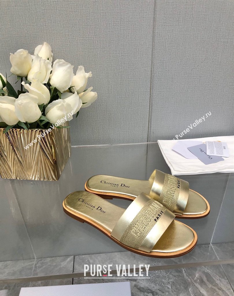 Dior Dway Slides in Gold Calfskin and Embroidered Cotton 2024 (modeng-24033015)