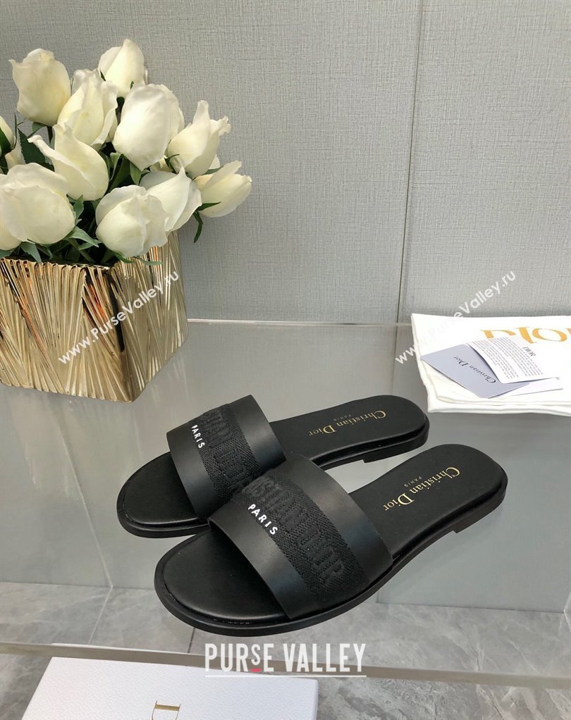 Dior Dway Slides in Black Calfskin and Embroidered Cotton 2024 (modeng-24033010)
