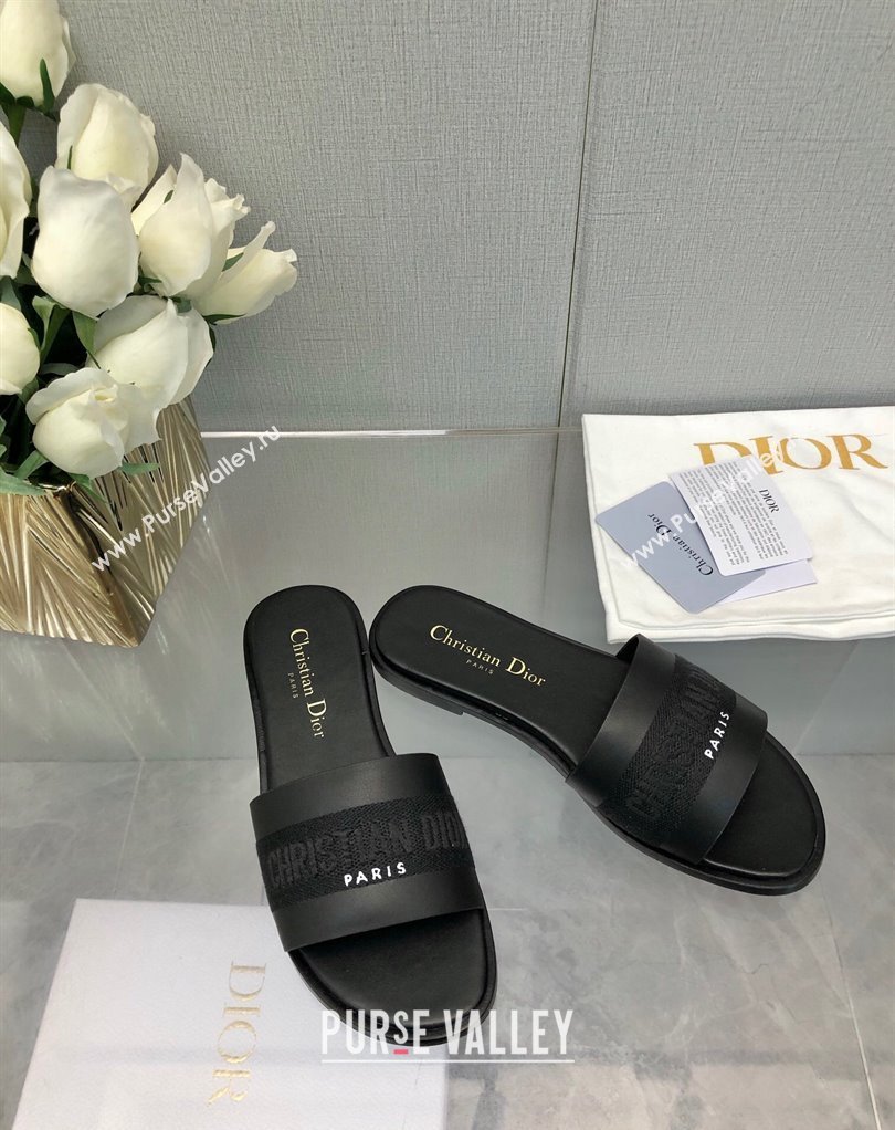 Dior Dway Slides in Black Calfskin and Embroidered Cotton 2024 (modeng-24033010)