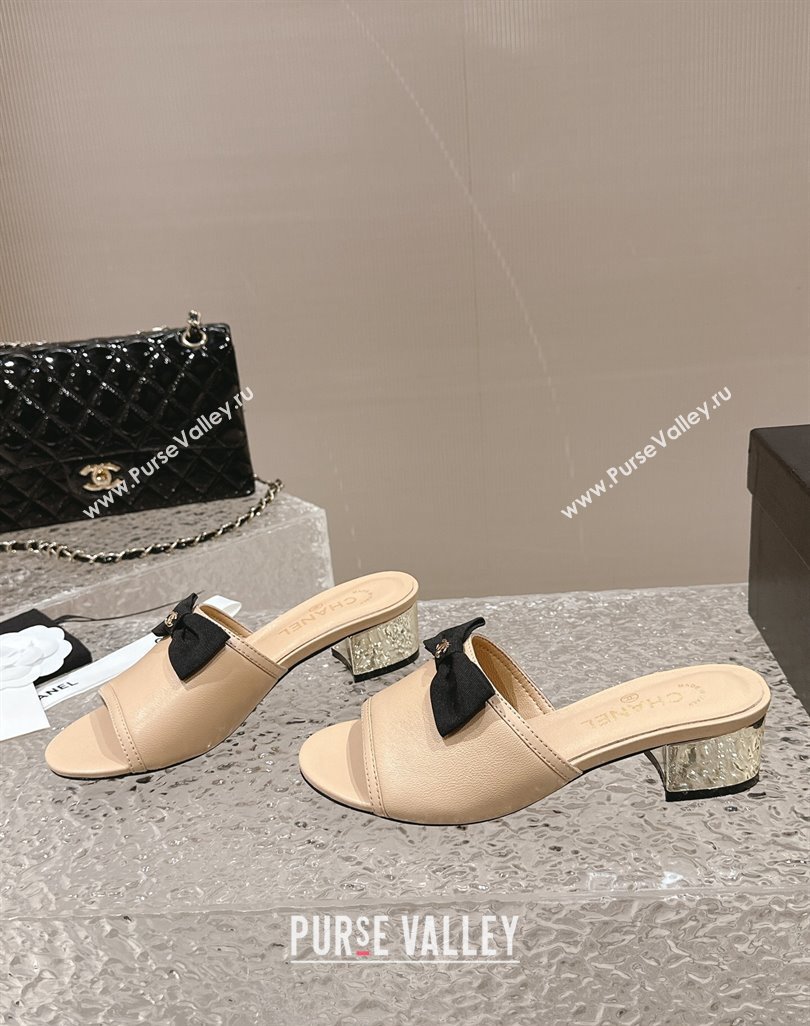 Chanel Lambskin Grosgrain Heel Mules with Bow G45691 Beige 2024 (modeng-24040130)