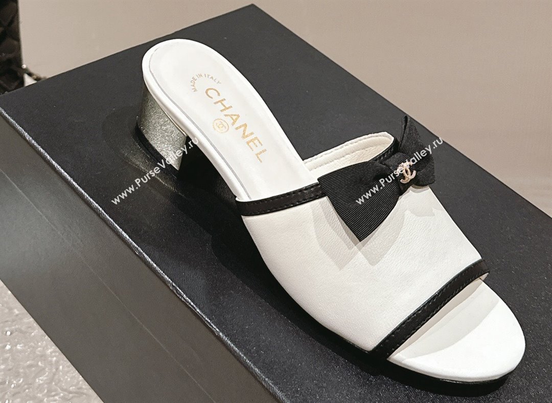 Chanel Lambskin Grosgrain Heel Mules with Bow G45691 White 2024 (modeng-24040129)