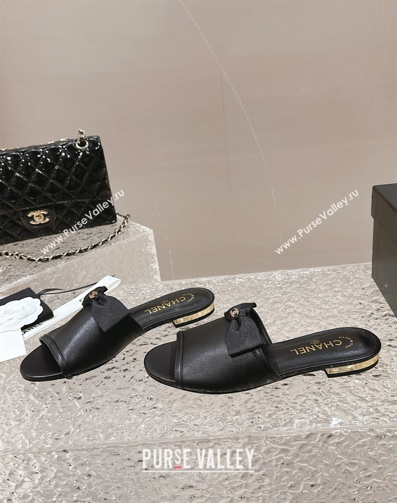 Chanel Lambskin Grosgrain Flat Mules with Bow G45691 Black 2024 (modeng-24040131)