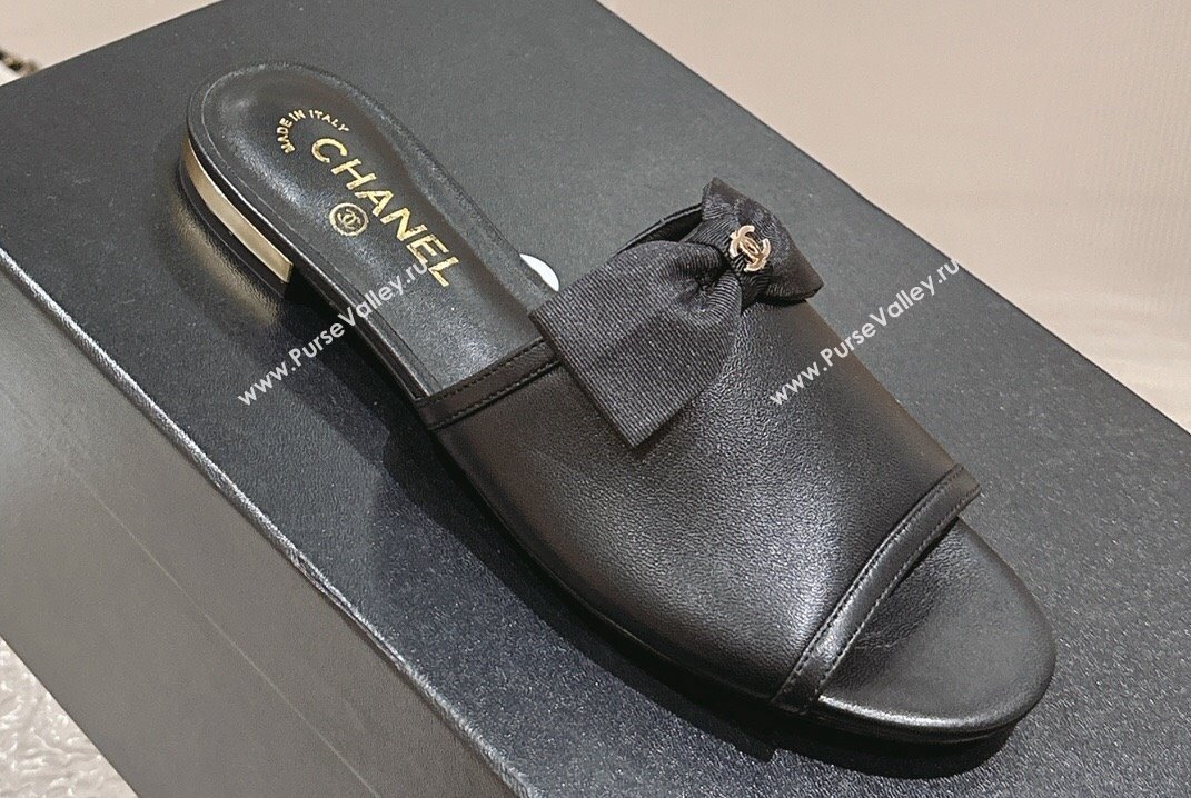 Chanel Lambskin Grosgrain Flat Mules with Bow G45691 Black 2024 (modeng-24040131)