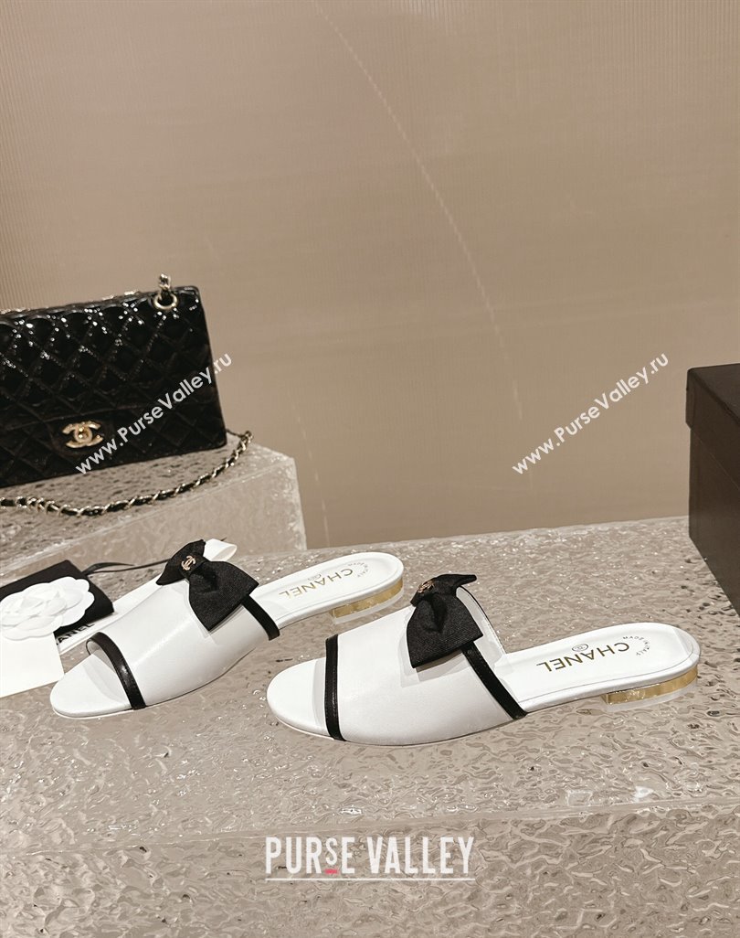 Chanel Lambskin Grosgrain Flat Mules with Bow G45691 White 2024 (modeng-24040132)