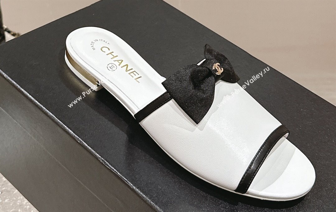 Chanel Lambskin Grosgrain Flat Mules with Bow G45691 White 2024 (modeng-24040132)