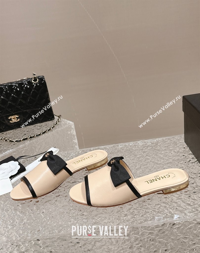 Chanel Lambskin Grosgrain Flat Mules with Bow G45691 Beige 2024 (modeng-24040133)