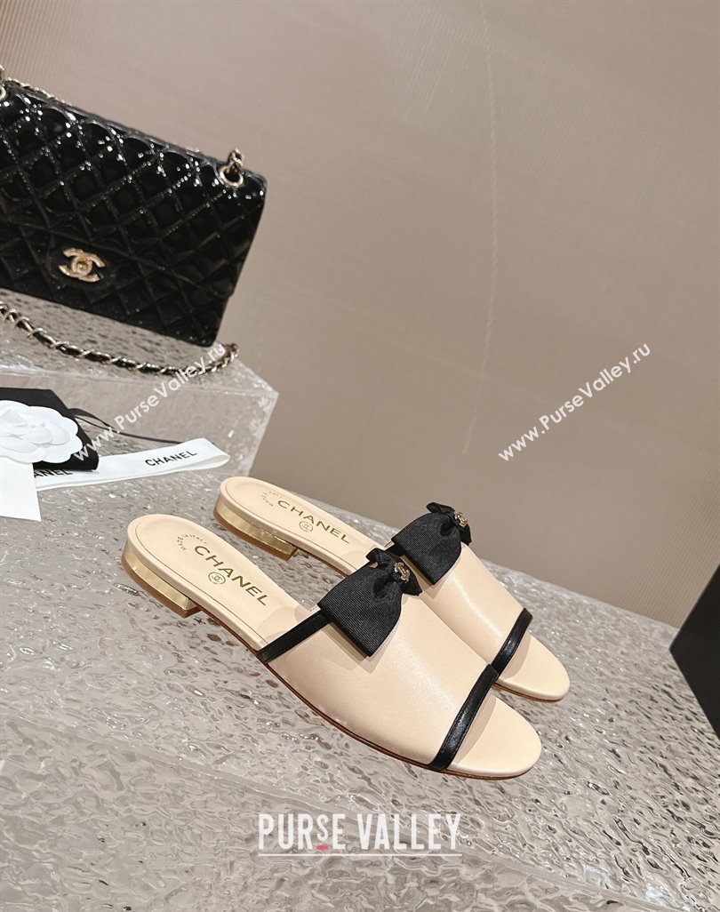 Chanel Lambskin Grosgrain Flat Mules with Bow G45691 Beige 2024 (modeng-24040133)