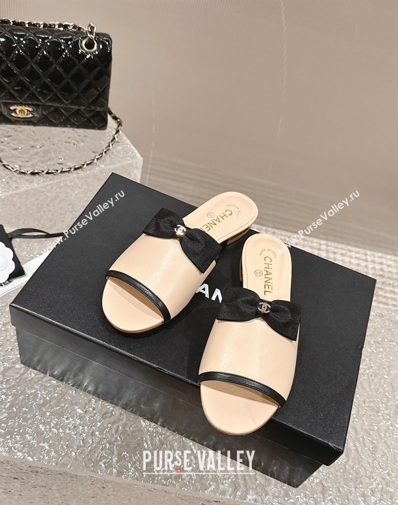 Chanel Lambskin Grosgrain Flat Mules with Bow G45691 Beige 2024 (modeng-24040133)