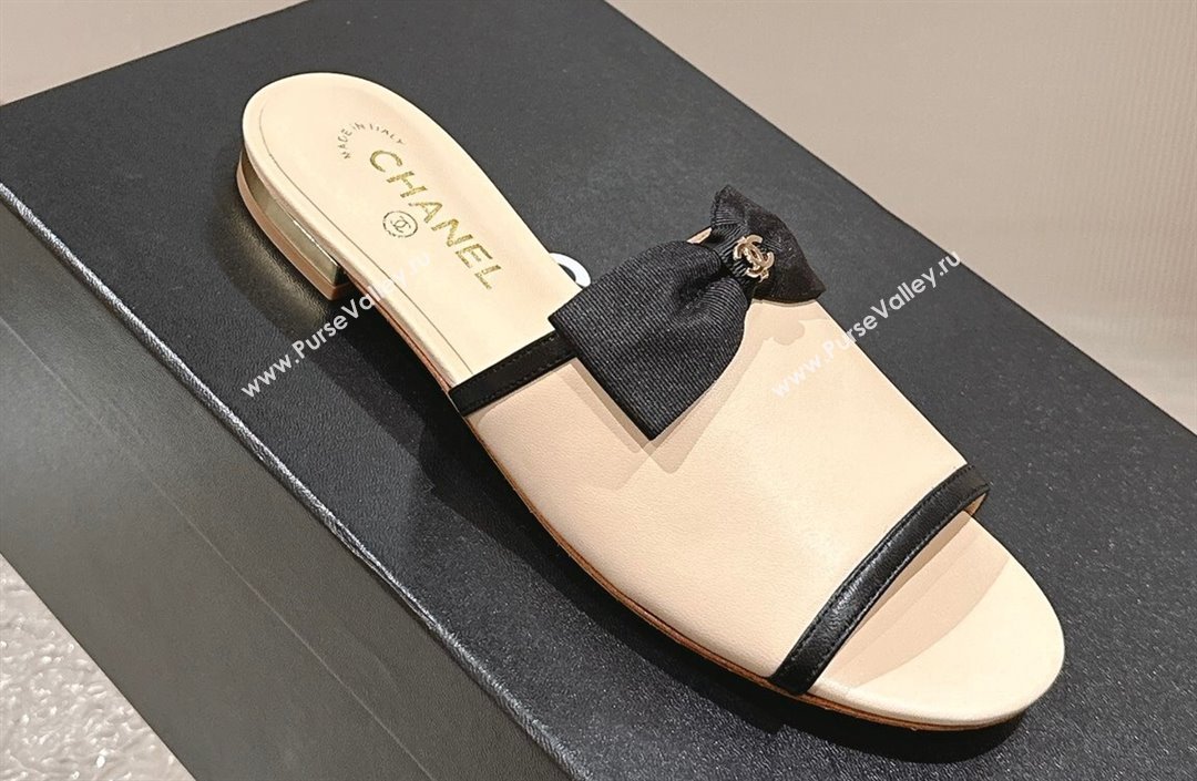 Chanel Lambskin Grosgrain Flat Mules with Bow G45691 Beige 2024 (modeng-24040133)